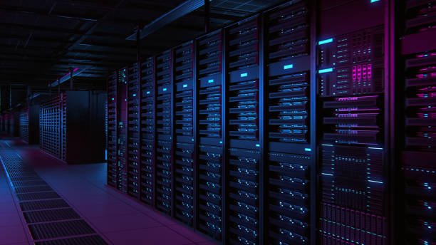 Modern Data Technology Center Server Racks Working in Dark Facility. Concept of Internet of Things, Big Data Protection, Cryptocurrency Farm, Cloud Computing. 3D Warehouse for Crypto Mining.