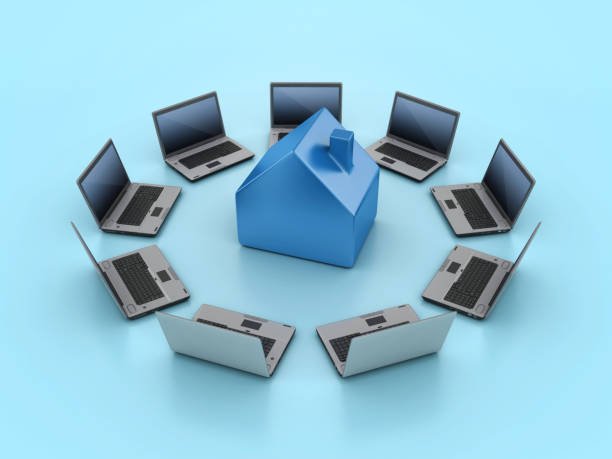 3D House with Computer Laptops – Colored Background – 3D Rendering