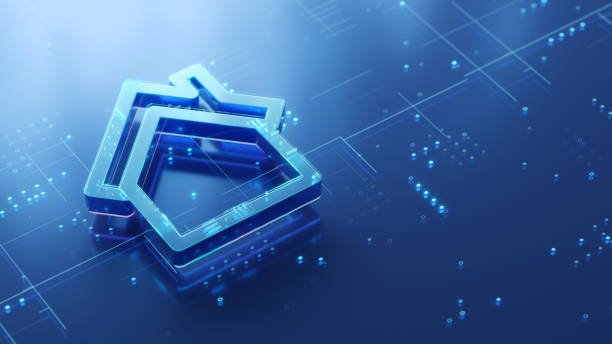 Home 3d icon on the glossy futuristic surface with abstract glowing dots and lines