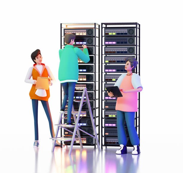 IT engineers are working with rack and computers in server room. Internet, data, personal online security concept. 3D rendering illustration